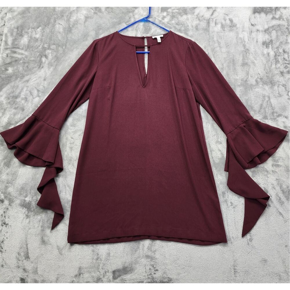Leith Dress Womens M Red Burgundy Shift Mini Keyhole Long Ruffled Bell Sleeves